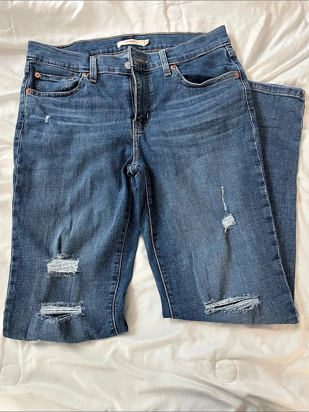Levi's 721 High Rise Skinny Distressed Jeans Distressed Boyfriend Jeans in Blue